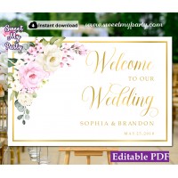 Cream pink welcome sign template,Ivory pink wedding welcome sign template, (135a)